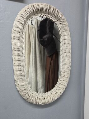 Vintage Wicker Woven Oval Wall Mirror - White